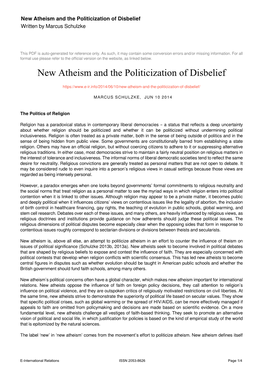 New Atheism and the Politicization of Disbelief Written by Marcus Schulzke