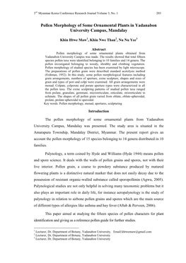 Pollen Morphology of Some Ornamental Plants in Yadanabon University Campus, Mandalay