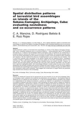 Spatial Distribution Patterns of Terrestrial Bird Assemblages on Islands of the Sabana–Camagüey Archipelago, Cuba: Evaluating Nestedness and Co–Occurrence Patterns