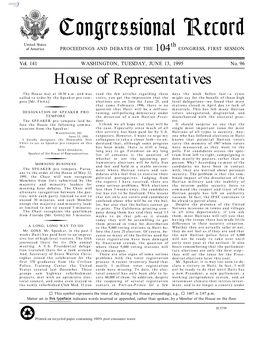 Congressional Record United States Th of America PROCEEDINGS and DEBATES of the 104 CONGRESS, FIRST SESSION