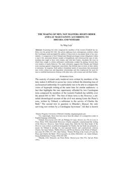 The Making of Men, Not Masters: Right Order and Lay Masculinity According to Dhuoda and Nithard