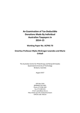 An Examination of Tax-Deductible Donations Made by Individual Australian Taxpayers in 2014–15