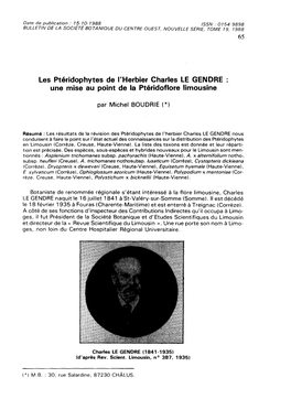 Les Ptéridophytes De L'herbier Charles LE GENDRE Une Mise Au Point De La Ptéridoflore Limousine