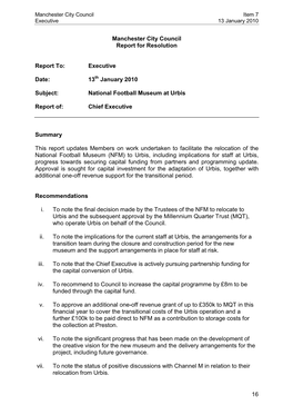 National Football Museum Report to the Executive on 13 January 2010