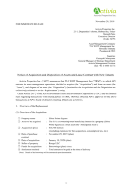 Notice of Acquisition and Disposition of Assets and Lease Contract with New Tenants