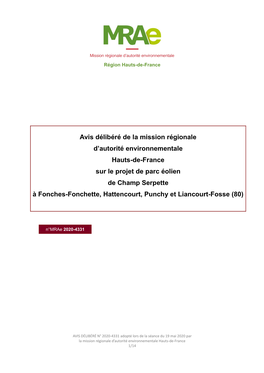 Avis Délibéré De La Mission Régionale D'autorité Environnementale Hauts