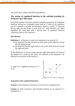 The Notion of Regulated Function in the Calculus Teaching by Professor Igor Kluvánek