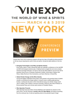 Vinexpo New York's 2019 Conference Program Will Span Two Days Of