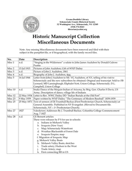 Historic Manuscript Collection Miscellaneous Documents
