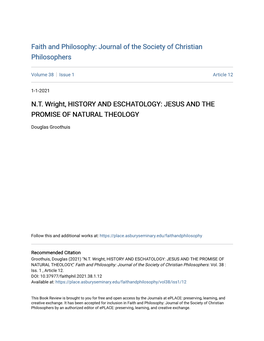 N.T. Wright, HISTORY and ESCHATOLOGY: JESUS and the PROMISE of NATURAL THEOLOGY