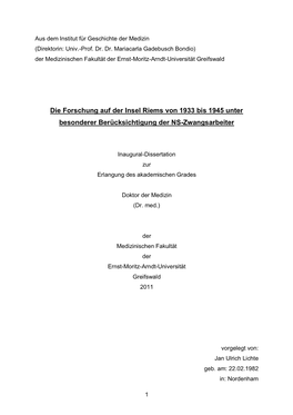 Die Forschung Auf Der Insel Riems Von 1933 Bis 1945 Unter Besonderer Berücksichtigung Der NS-Zwangsarbeiter