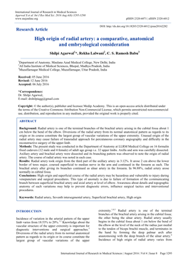 Research Article High Origin of Radial Artery: a Comparative, Anatomical and Embryological Consideration