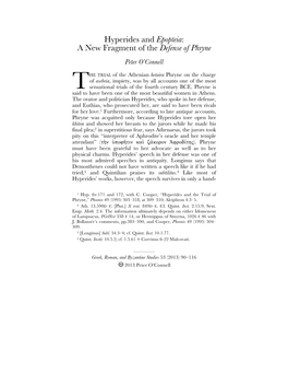 Hyperides and Epopteia: a New Fragment of the Defense of Phryne Peter O’Connell