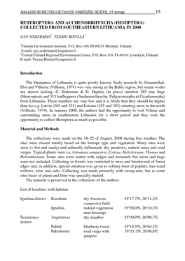 Heteroptera and Auchenorrhyncha (Hemiptera) Collected from Southeastern Lithuania in 2008