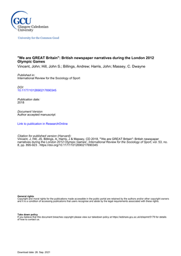 "We Are GREAT Britain": British Newspaper Narratives During the London 2012 Olympic Games Vincent, John; Hill, John S.; Billings, Andrew; Harris, John; Massey, C