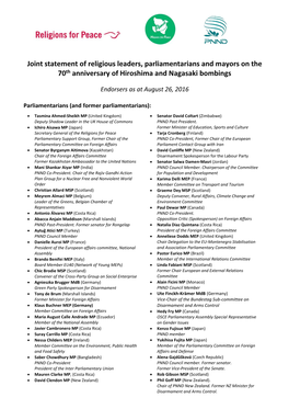 Joint Statement of Religious Leaders, Parliamentarians and Mayors on the 70Th Anniversary of Hiroshima and Nagasaki Bombings