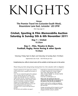 Cricket, Sporting & Film Memorabilia Auction Saturday & Sunday 5Th & 6Th November 2011
