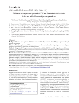 Erratum (African Health Sciences 2013; 13(2): 243 – 251) Differential Expressed Genes in ECV304 Endothelial-Like Cells Infected with Human Cytomegalovirus