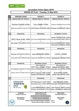 Jerusalem Volvo Open 2019 ORDER of PLAY - Tuesday, 21 May 2019