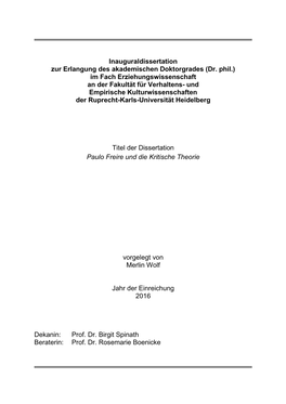 Inauguraldissertation Zur Erlangung Des Akademischen Doktorgrades (Dr. Phil.) Im Fach Erziehungswissenschaft an Der Fakultät