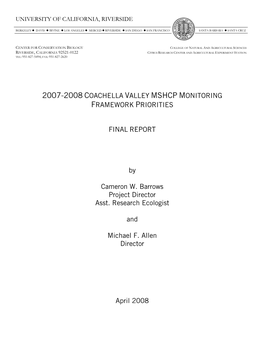 2007-2008 Coachella Valley MSHCP Monitoring Framework Priorities Final Report