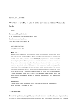 Overview of Quality of Life of Older Lesbians and Trans Women in India