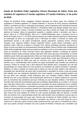 Estado De Rondônia Poder Legislativo Câmara Municipal De Cabixi, Pauta Dos Trabalhos 8ª Legislatura 2ª Sessão Legislativa 17ª Sessão Ordinária, 11 De Junho De 2018