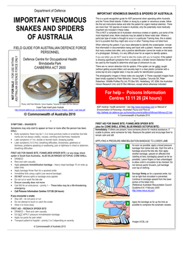 Important Venomous Snakes and Spiders of Australia