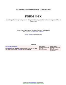 Advisorshares Trust Form N-PX Filed 2021-08-05