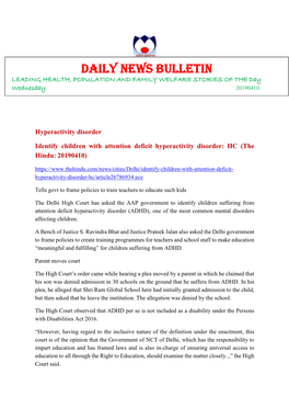 DAILY NEWS BULLETIN LEADING HEALTH, POPULATION and FAMILY WELFARE STORIES of the Day Wednesday 20190410