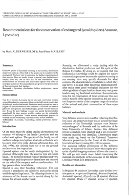 Recommendations for the Conservation of Endangered Lycosid Spiders (Araneae, Lycosidae)