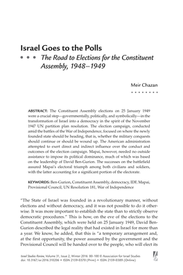 Israel Goes to the Polls the Road to Elections for the Constituent Assembly, 1948–1949