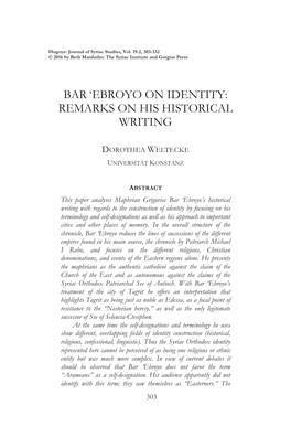 Bar ʻebroyo on Identity: Remarks on His Historical Writing
