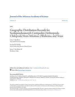 Geographic Distribution Records for Scolopendromorph Centipedes (Arthropoda: Chilopoda) from Arkansas, Oklahoma, and Texas Chris T