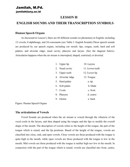 Lesson Ii English Sounds and Their Transcription Symbols