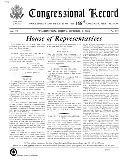 Congressional Record United States Th of America PROCEEDINGS and DEBATES of the 108 CONGRESS, FIRST SESSION