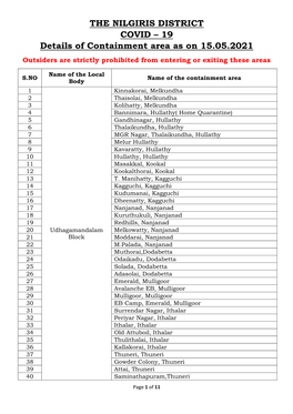 THE NILGIRIS DISTRICT COVID – 19 Details of Containment Area As on 15.05.2021 Outsiders Are Strictly Prohibited from Entering Or Exiting These Areas