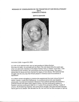 Message of Condolences on the Transition of Our Revolutionary Sista, Comrade & Friend