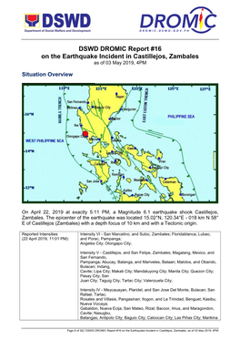 DSWD DROMIC Report #16 on the Earthquake Incident in Castillejos, Zambales As of 03 May 2019, 4PM