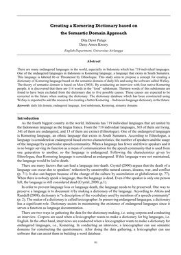 Creating a Komering Dictionary Based on the Semantic Domain Approach Dita Dewi Palupi Deny Arnos Kwary English Department, Universitas Airlangga