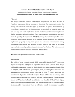 Common Pests and Pesticides Used in Tea in Nepal Abstract the Study