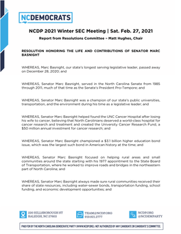 NCDP 2021 Winter SEC Meeting | Sat. Feb. 27, 2021 Report from Resolutions Committee – Matt Hughes, Chair