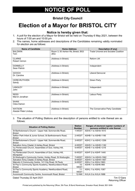 NOTICE of POLL Election of a Mayor for BRISTOL CITY