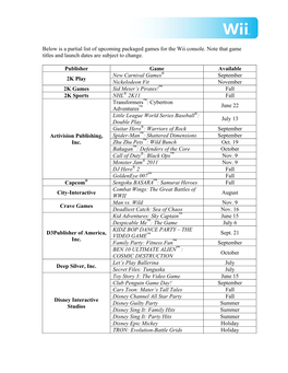 Below Is a Partial List of Upcoming Packaged Games for the Wii Console. Note That Game Titles and Launch Dates Are Subject to Change