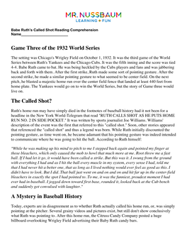 Game Three of the 1932 World Series the Called Shot? a Mystery In
