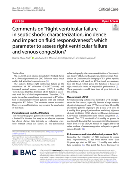 Comments on “Right Ventricular Failure in Septic Shock: Characterization, Incidence and Impact on Fluid Responsiveness”