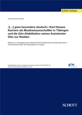 Karl Hasses Karriere Als Musikwissenschaftler in Tübingen Und Die (Um-)Habilitation Seines Assistenten Otto Zur Nedden