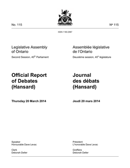 Official Report Journal of Debates Des Débats (Hansard) (Hansard)