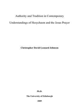 Authority and Tradition in Contemporary Understandings of Hesychasm and the Jesus Prayer