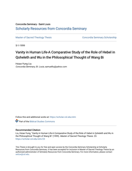 Vanity in Human Life-A Comparative Study of the Role of Hebel in Qoheleth and Wu in the Philosophical Thought of Wang Bi